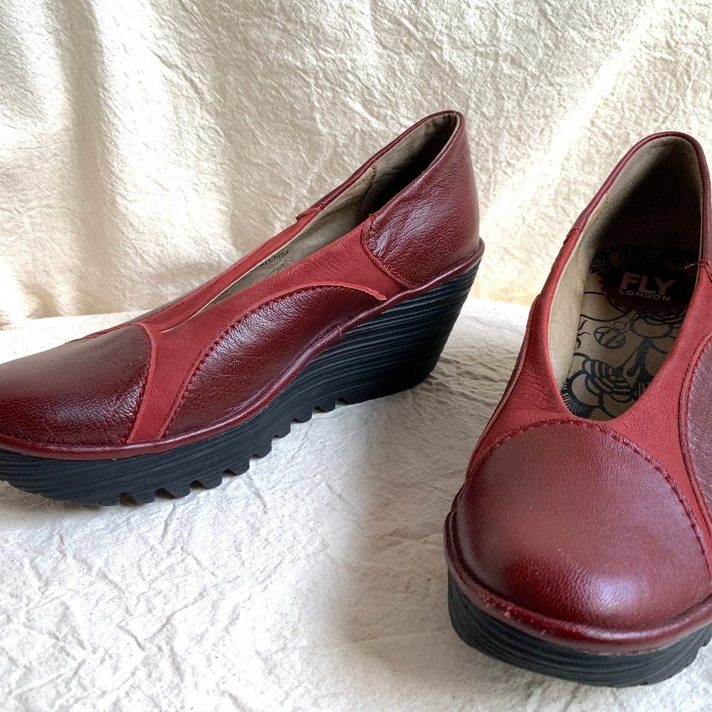Fly London Burgundy Wedge Heels - Picture 3 of 13